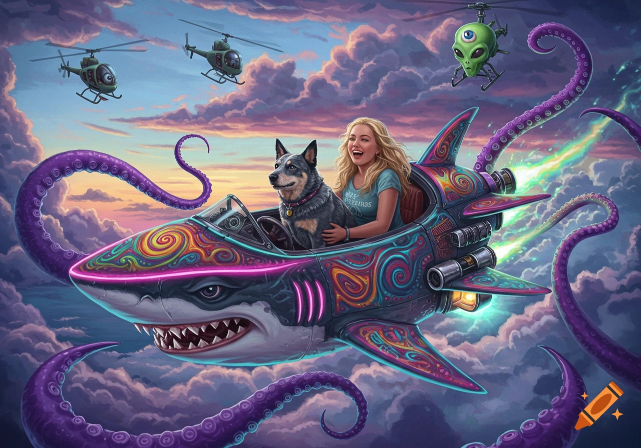 Blonde woman and dog fly a psychedelic shark-jet through a vibrant sky with alien helicopters and purple octopus tentacles.