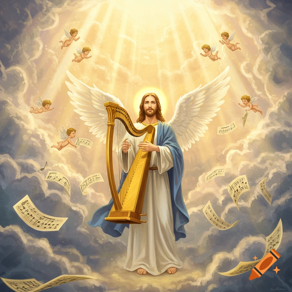 An angelic figure resembling Jesus plays a golden harp amidst clouds with cherubs and floating musical notes under radiant light.