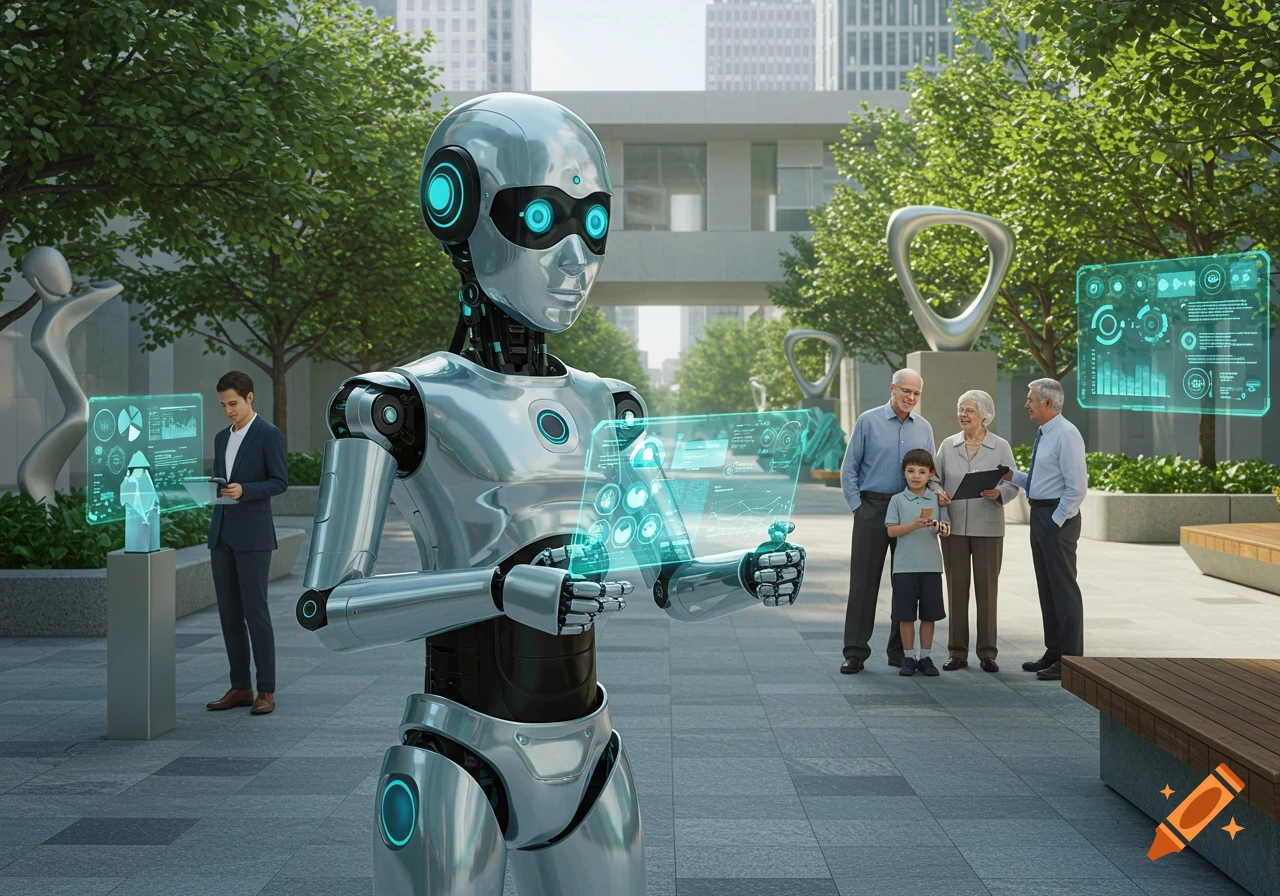 A silver robot holds a glowing holographic screen in an urban plaza, while people interact with other futuristic displays.