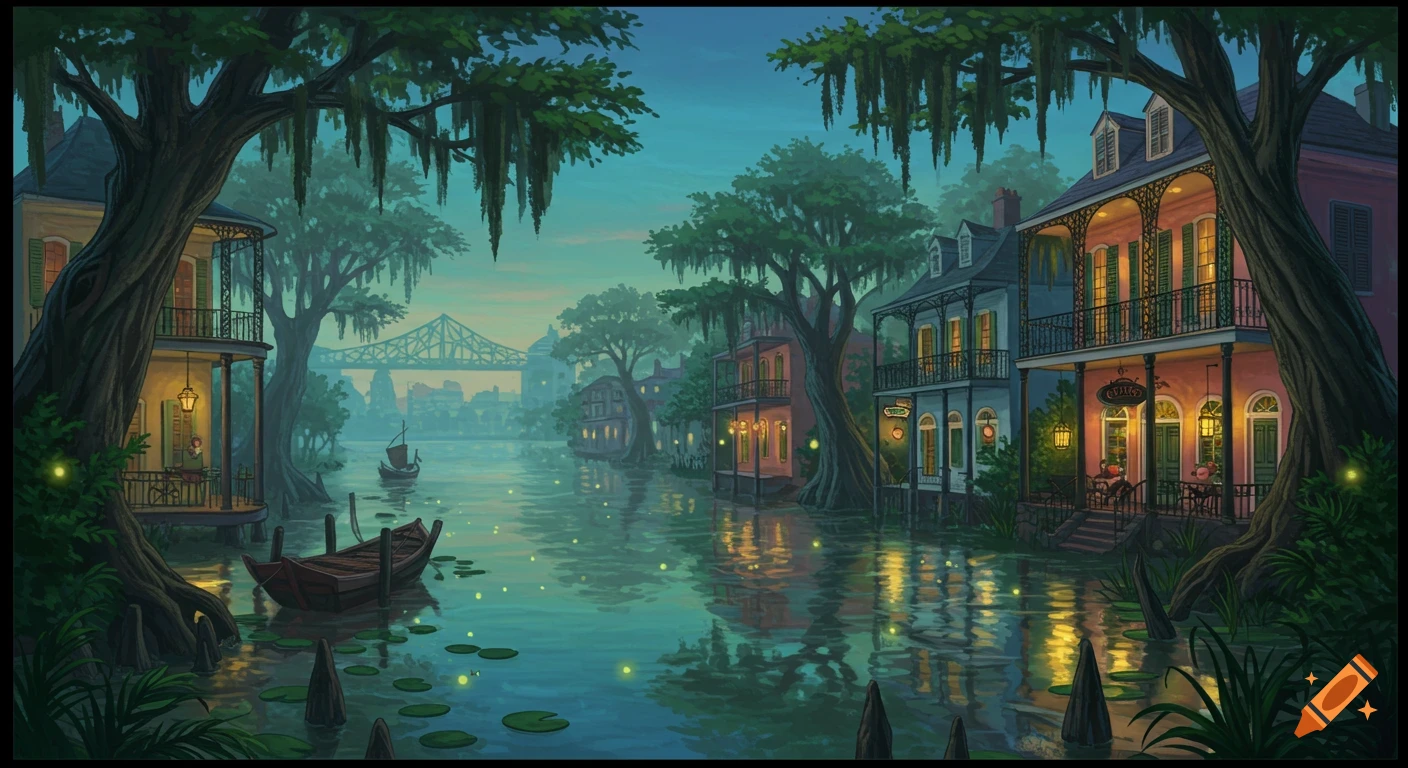 Disney-style illustration of a New Orleans bayou at dusk, with colorful historic buildings, a river, and boats.