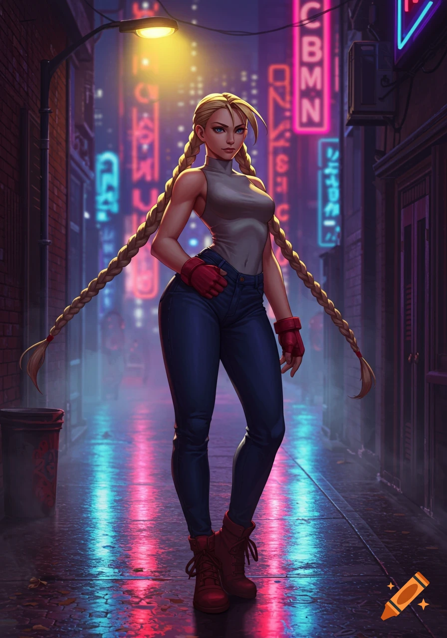 Anime-style woman resembling Cammy in jeans and a gray tank top, standing in a neon-lit urban alley at night.