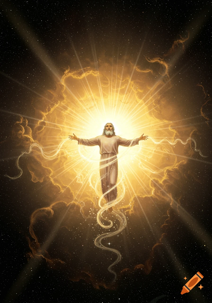 A robed, bearded figure with outstretched arms emerges from a brilliant golden light burst and clouds against a starry sky, with swirling light trails.