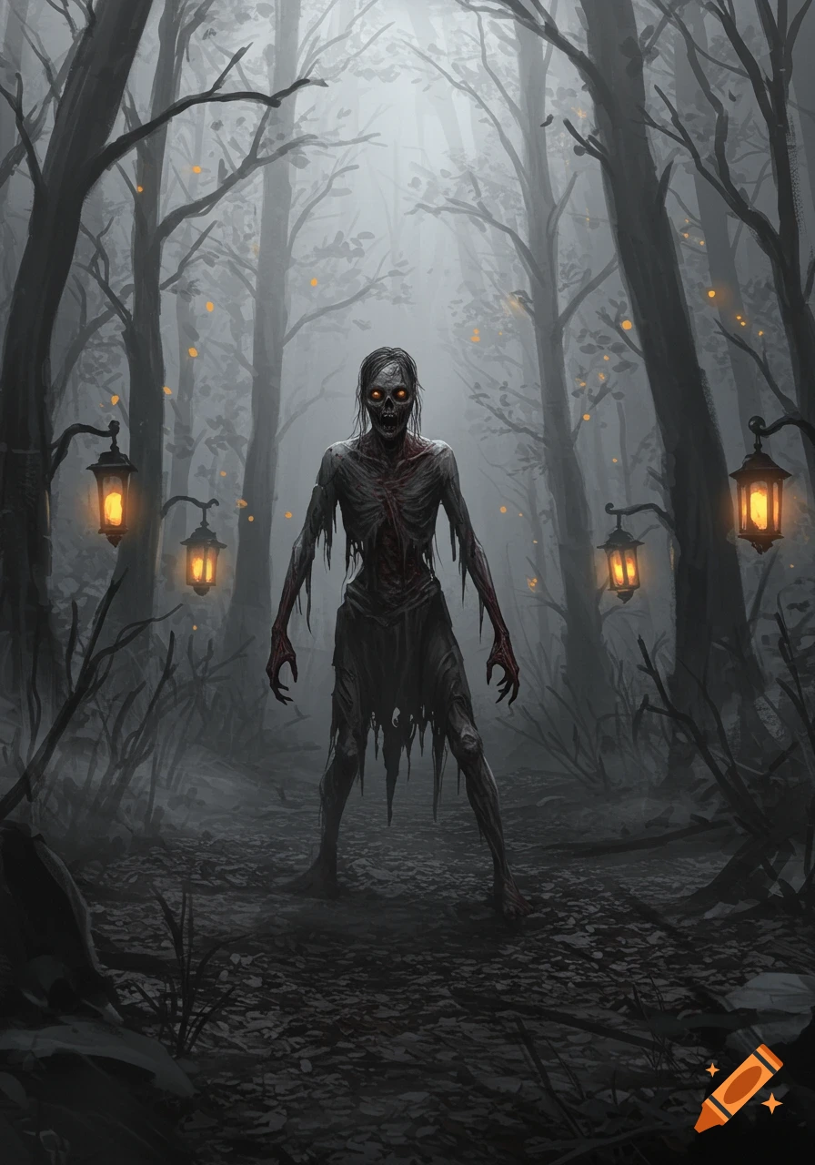 A ghastly zombie with glowing red eyes and tattered clothes stands in a dark, foggy forest lit by lanterns. Horror digital painting.