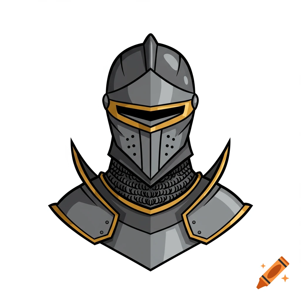 Vector illustration of a medieval knight's head and shoulders in gray armor with gold trim, on a white background.