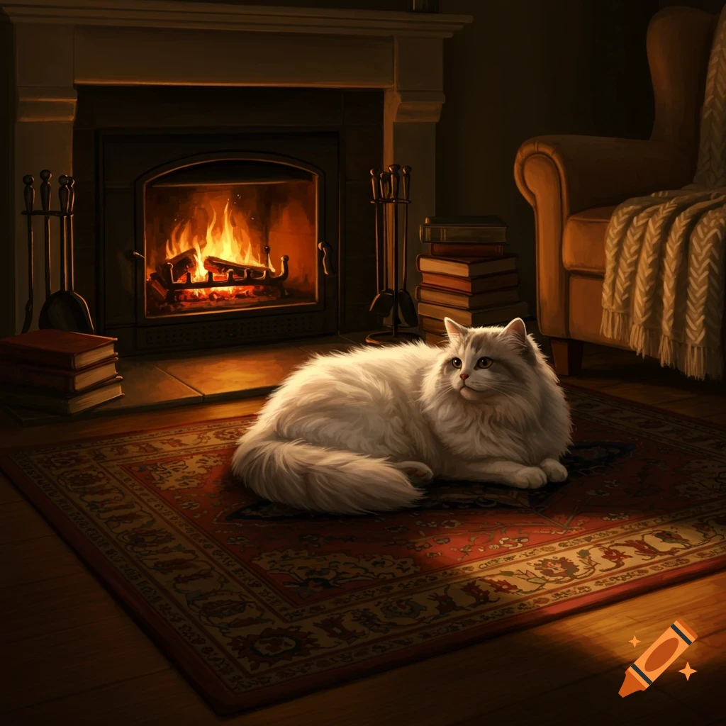 A fluffy white and grey cat lies on a patterned rug in front of a warm fireplace in a cozy living room, next to an armchair.