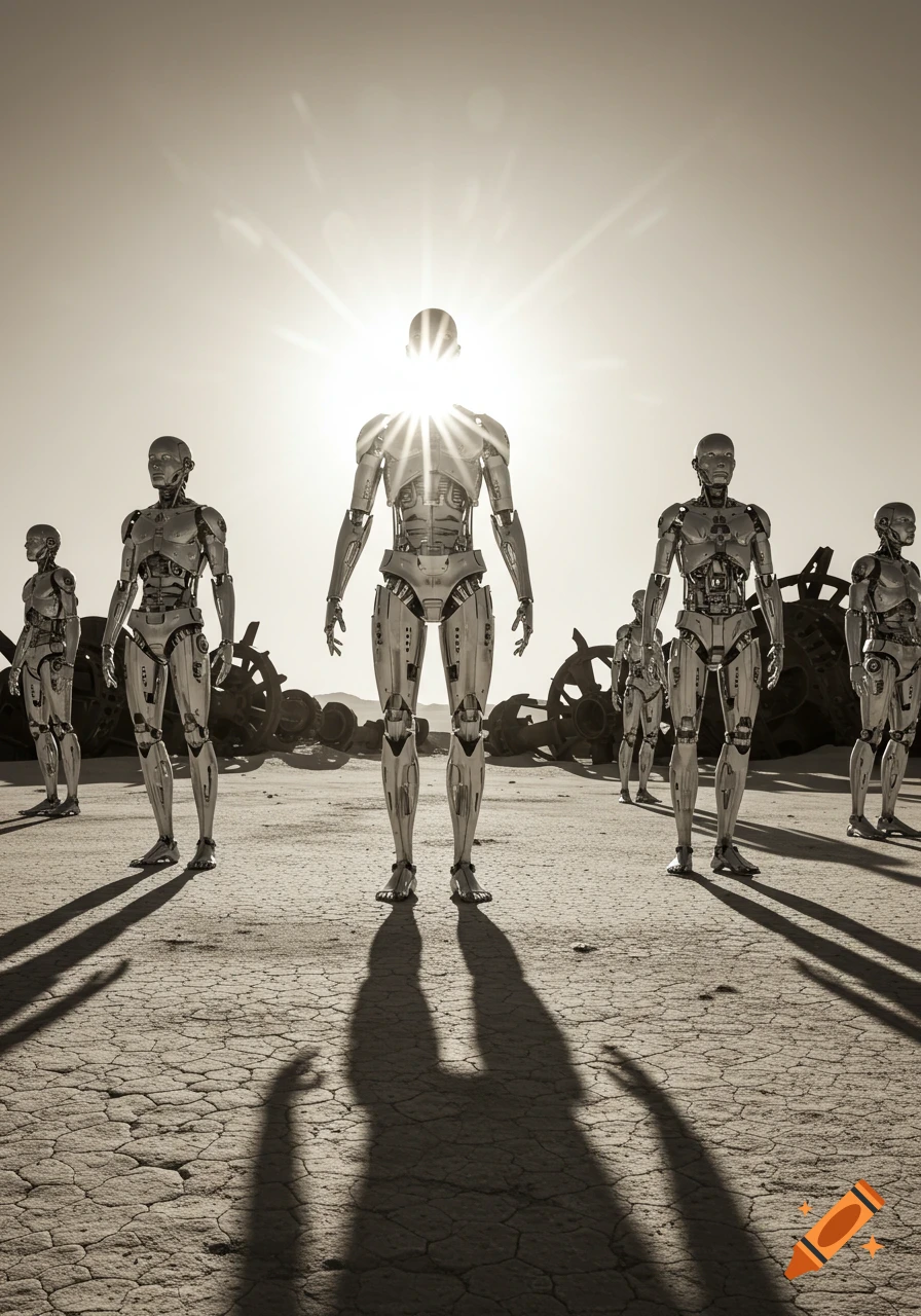Several humanoid robots stand in a cracked desert landscape with a bright sun overhead, casting long shadows. Sepia tone.