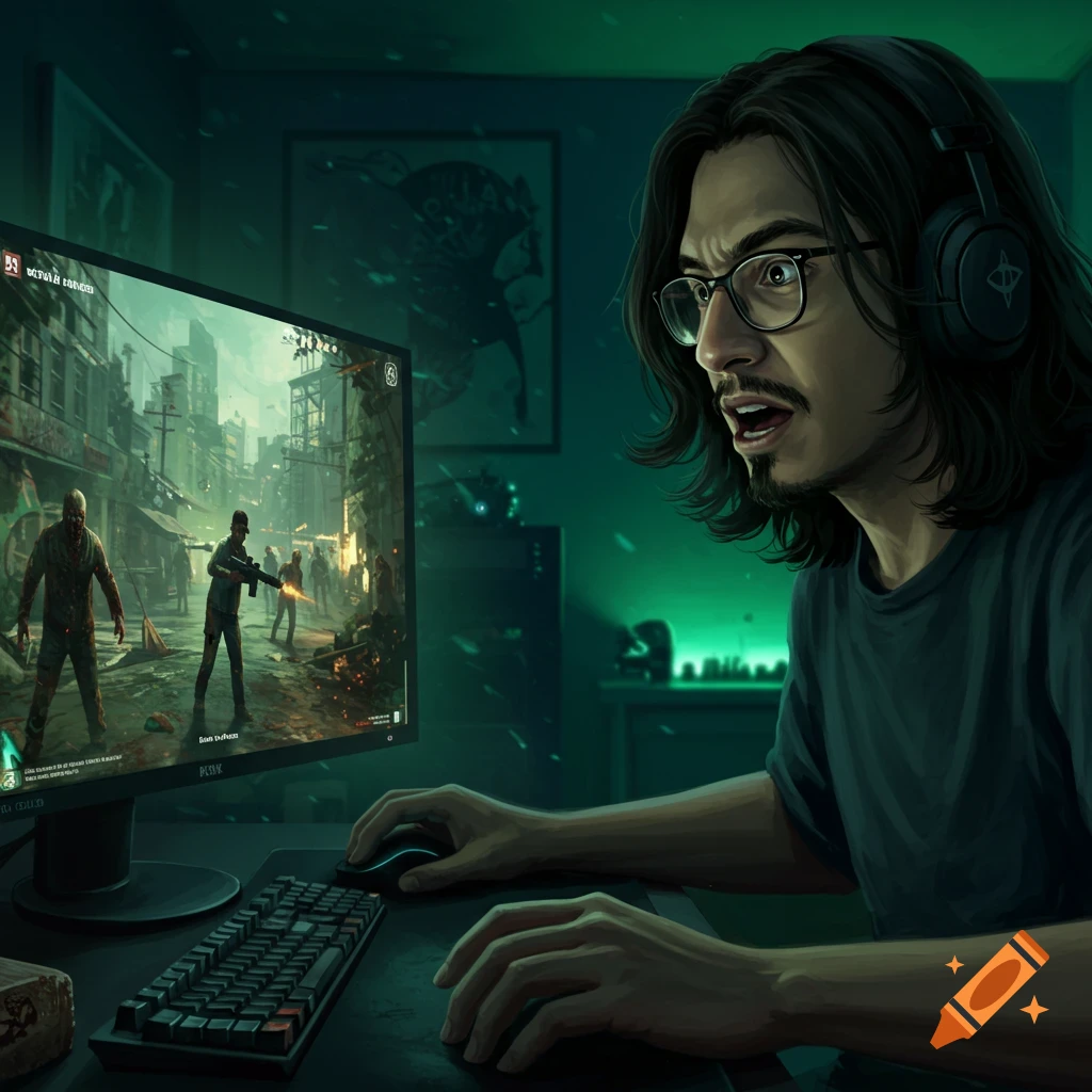 A long-haired man with glasses, wearing headphones, intently plays a zombie video game on a monitor in a dark, green-lit room.