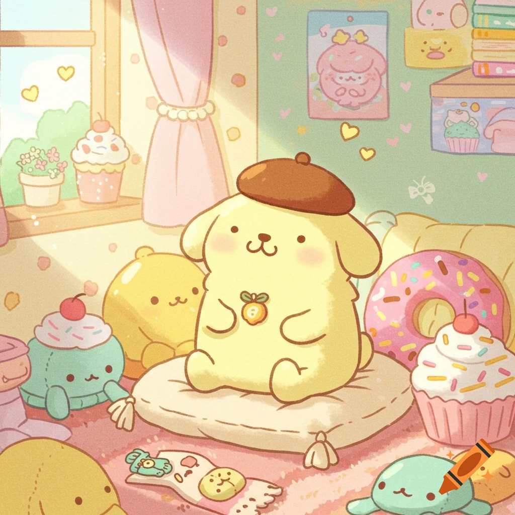 Pompompurin character sitting on a pillow surrounded by cute plushies, a donut, and cupcakes in a sunlit, kawaii-style room.