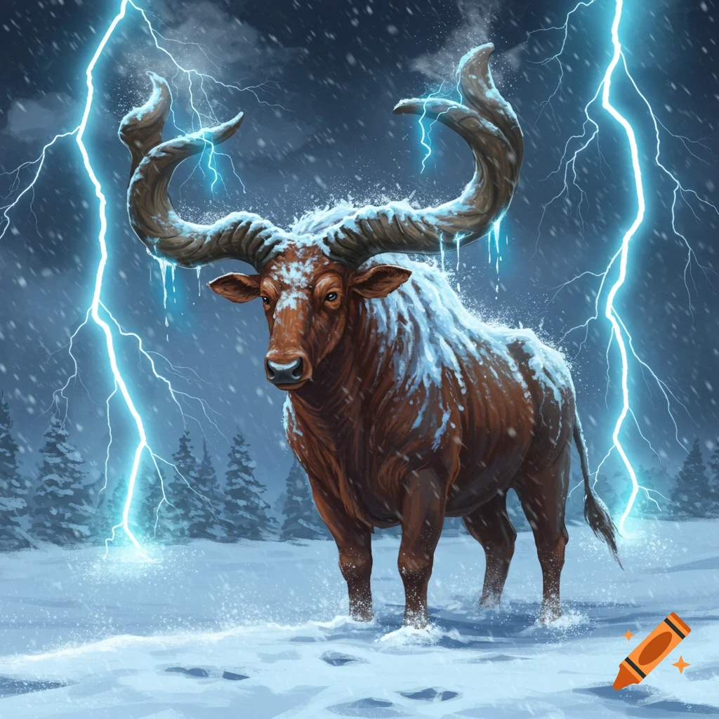 A powerful Watusi bull with massive horns stands in a snowy landscape during a lightning storm.