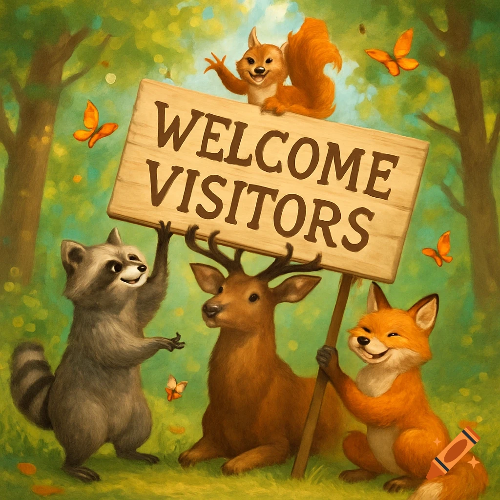 Cartoon forest animals, a raccoon, deer, fox, and squirrel, holding a 'Welcome Visitors' sign in a lush green forest.