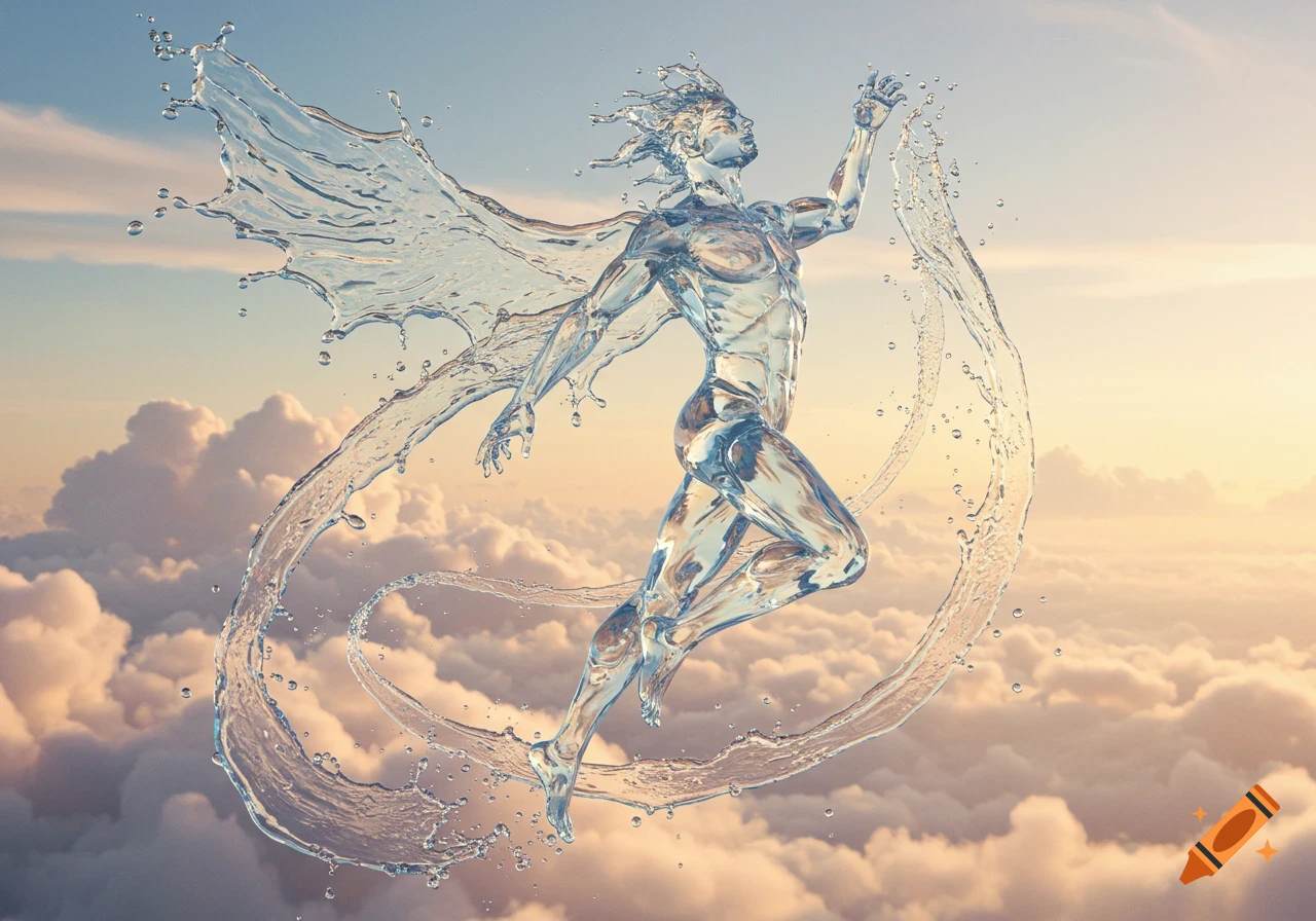 A majestic, muscular male figure made of clear water, with water wings, flies through a cloudy sky.