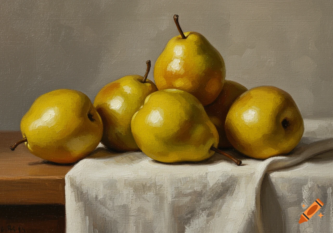 Cezanne-style oil painting depicting a pile of vibrant yellow pears on a draped white cloth.