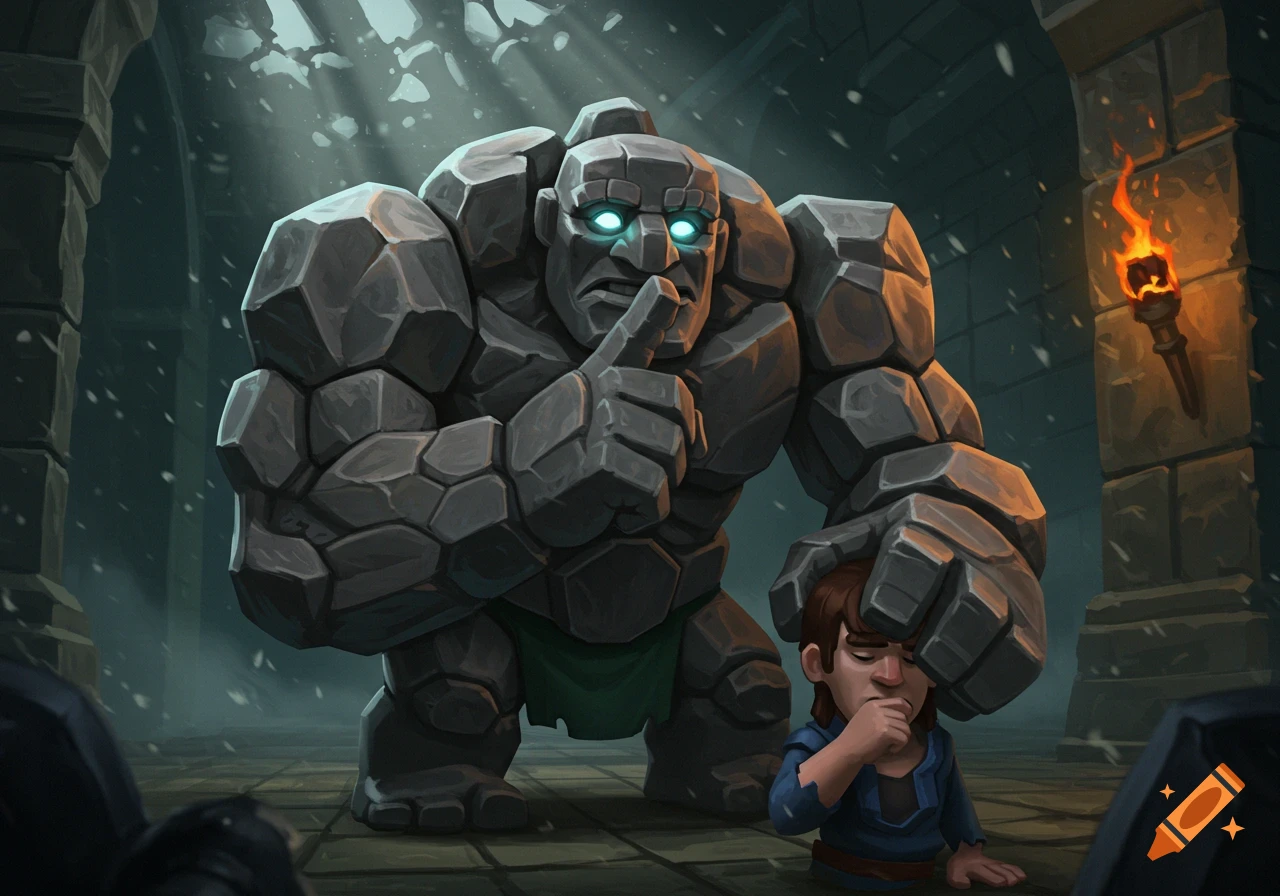 A huge rock golem shushes a small, scared human in a dark, snowy dungeon, with a lit torch on the wall. Cartoonish art style.