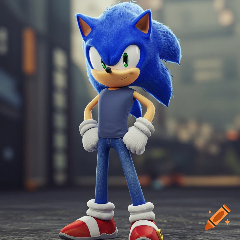 Sonic the Hedgehog stands confidently with hands on hips, wearing a t-shirt and jeans, with a playful smirk in a 3D rendered style.