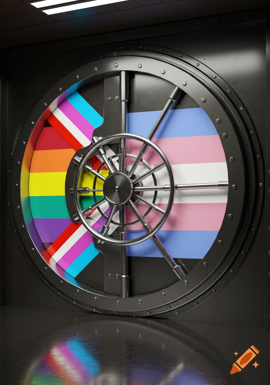 A photorealistic bank vault door adorned with the rainbow pride and transgender flags.
