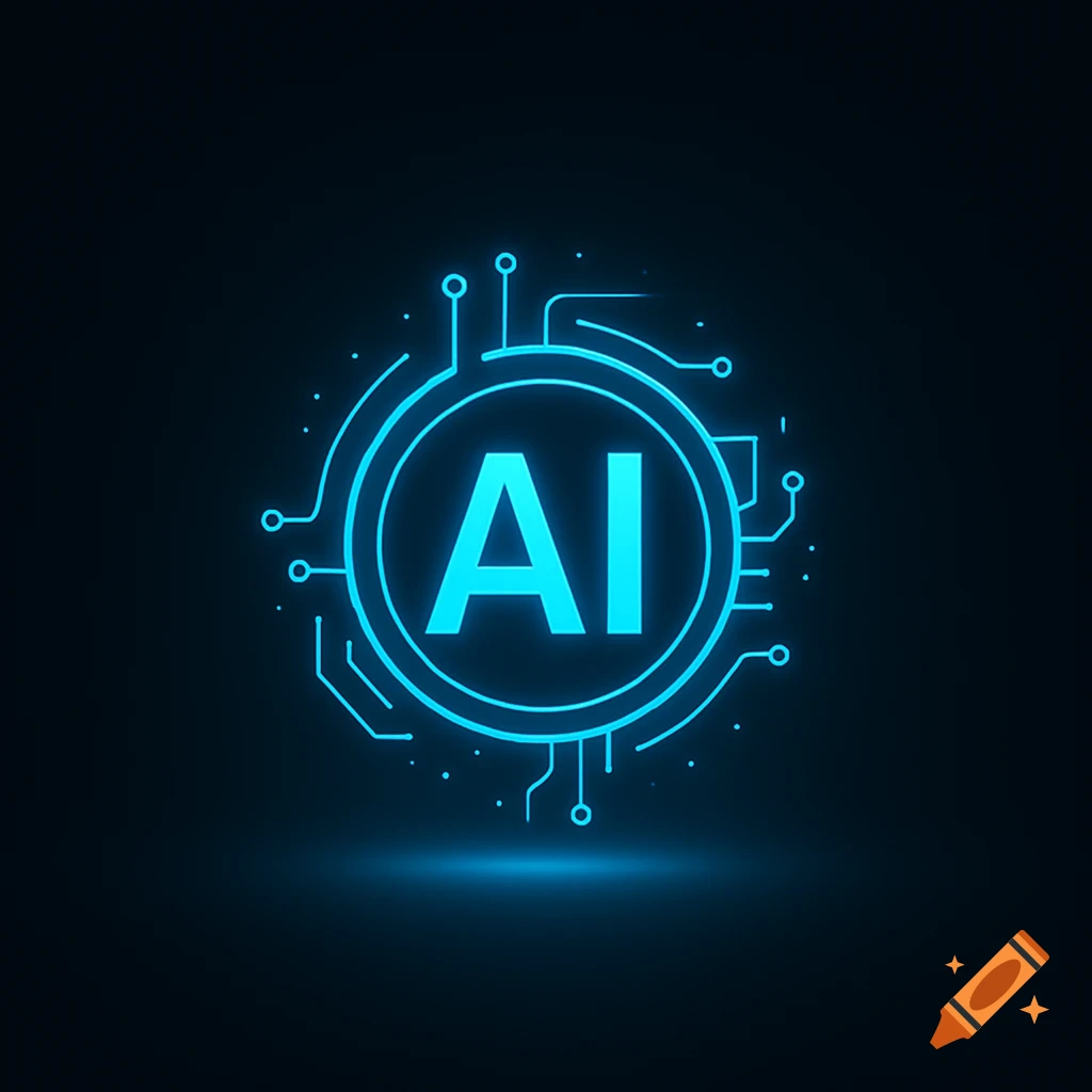 Neon blue glowing AI logo with circuit board elements forming a circular icon on a dark background.