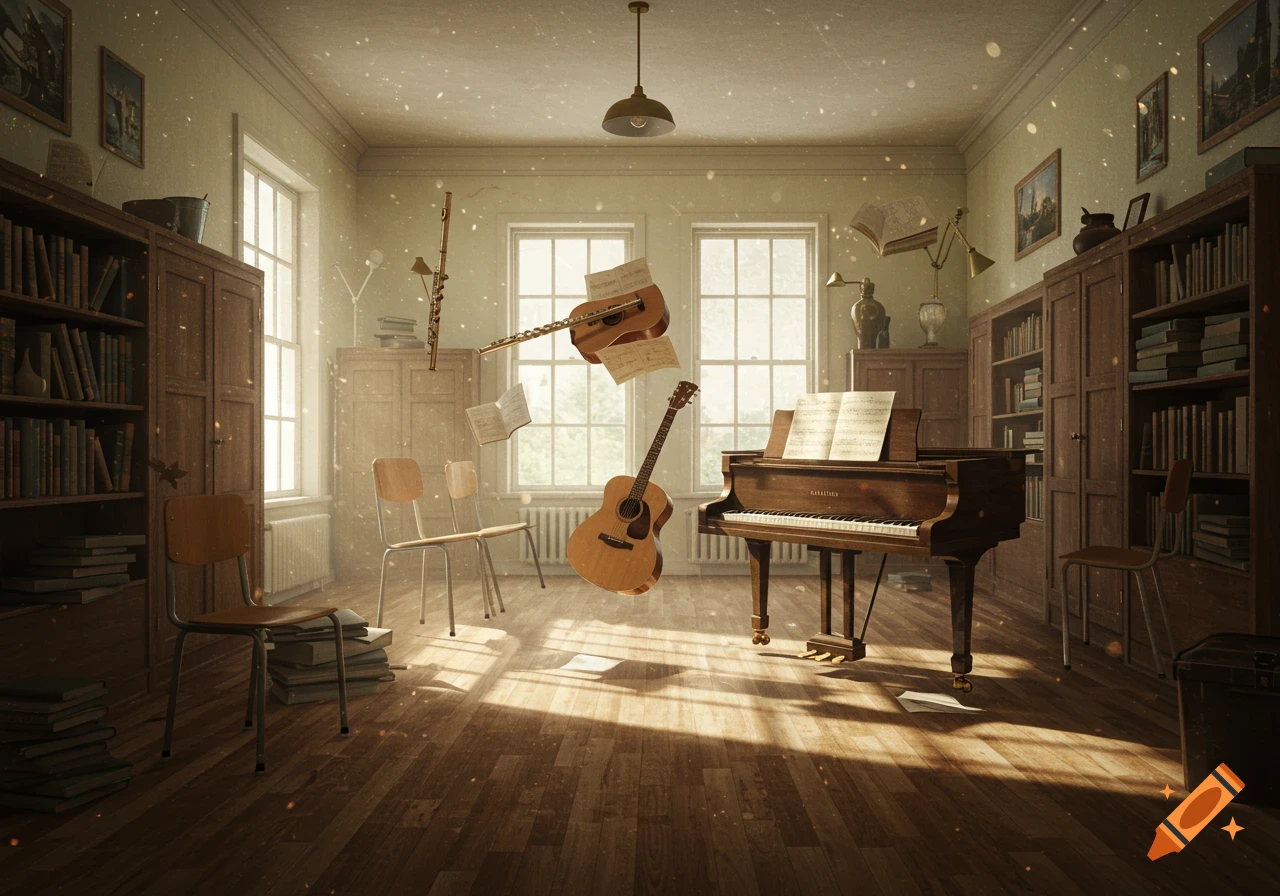 A sunlit music classroom with bookcases, chairs, and large windows. A piano, two guitars, and a flute float mid-air with sheet music, as if played by invisible musicians.