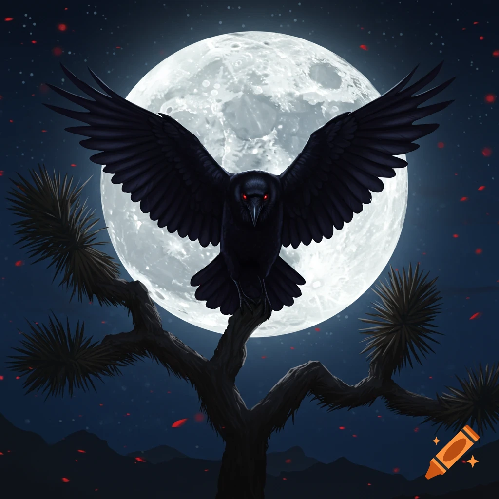 A black raven with glowing red eyes, wings spread, perches on a Joshua tree against a large full moon in a starry night sky.