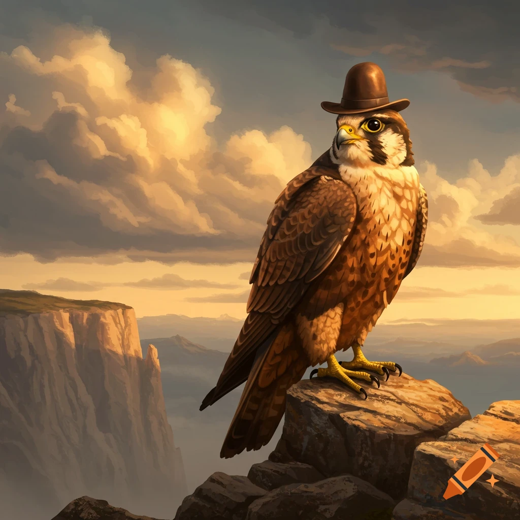 A falcon in a brown round hat perches on a cliff overlooking a vast, cloudy sunset landscape.