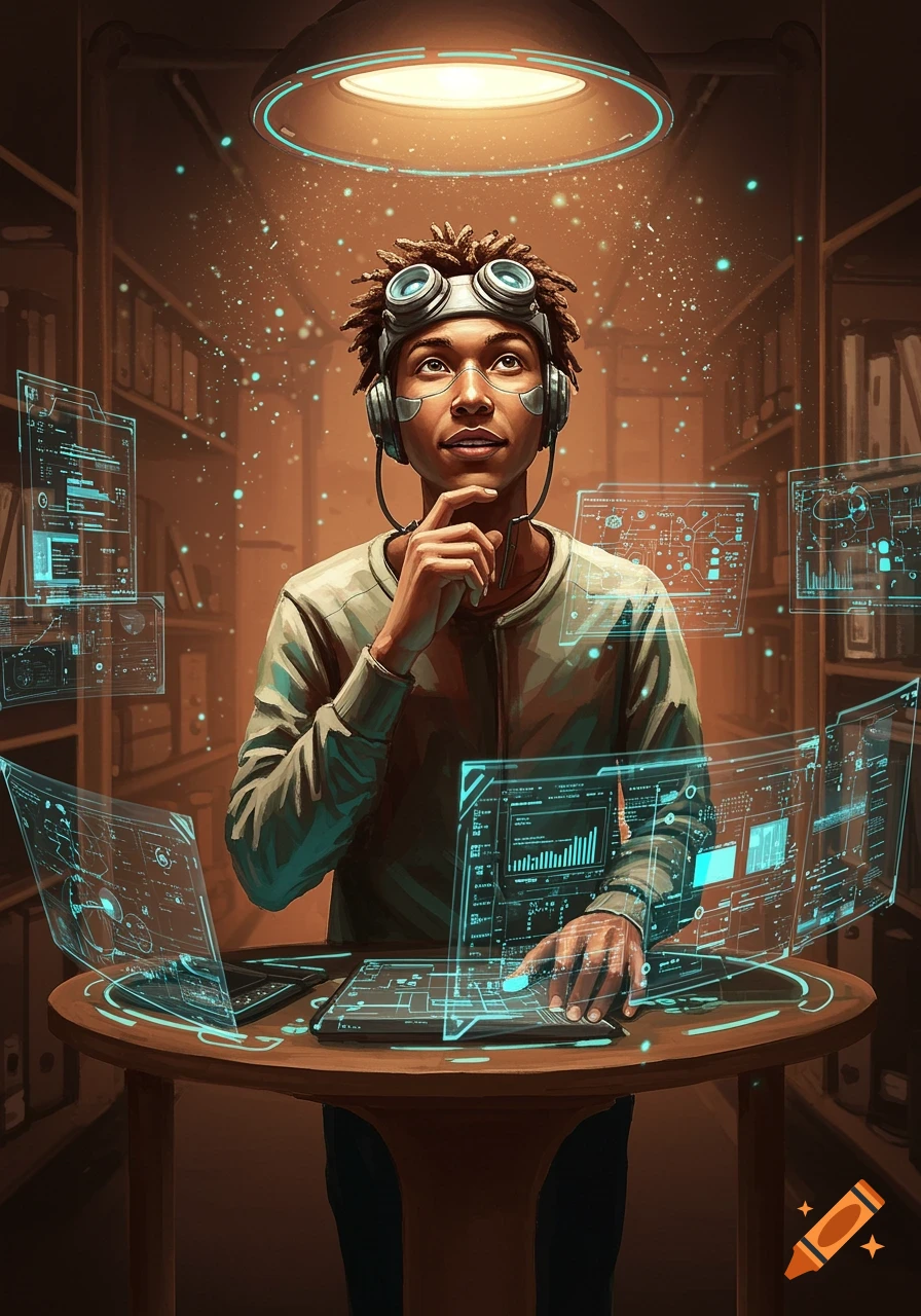 A young person with dreadlocks, goggles, and headphones stands surrounded by glowing holographic screens with data in a digital art style.