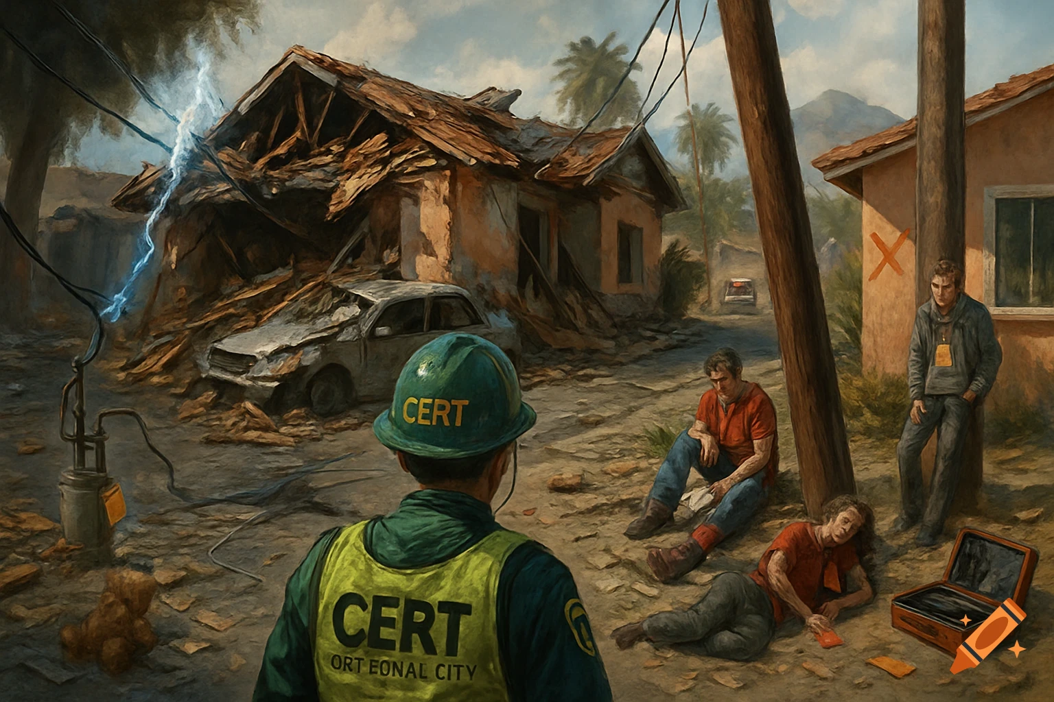 A disaster scene painting showing a CERT member observing a destroyed house, crashed car, downed power line, and injured people in a residential area.