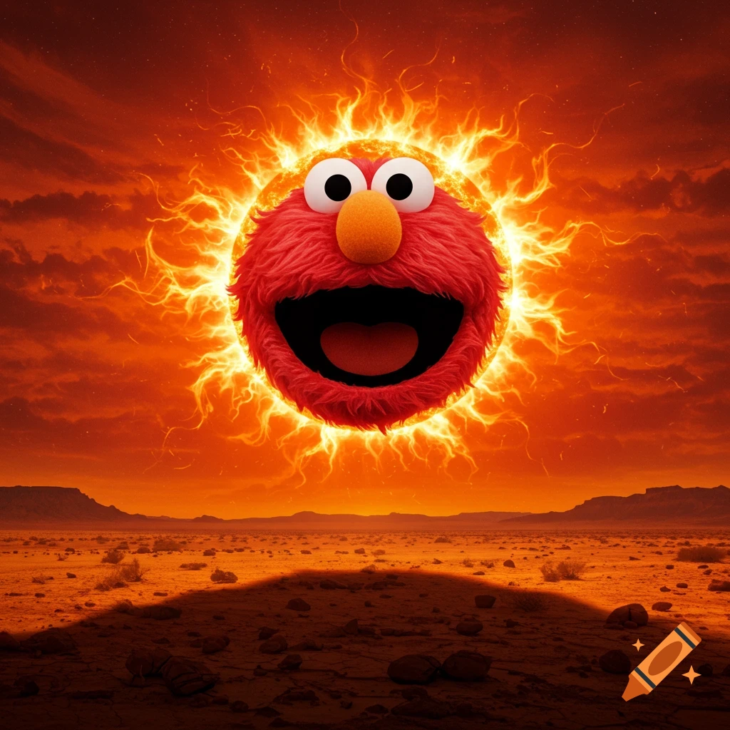 Elmo's head is depicted as the sun, radiating fiery light over a vast, arid desert landscape under a burning orange sky.