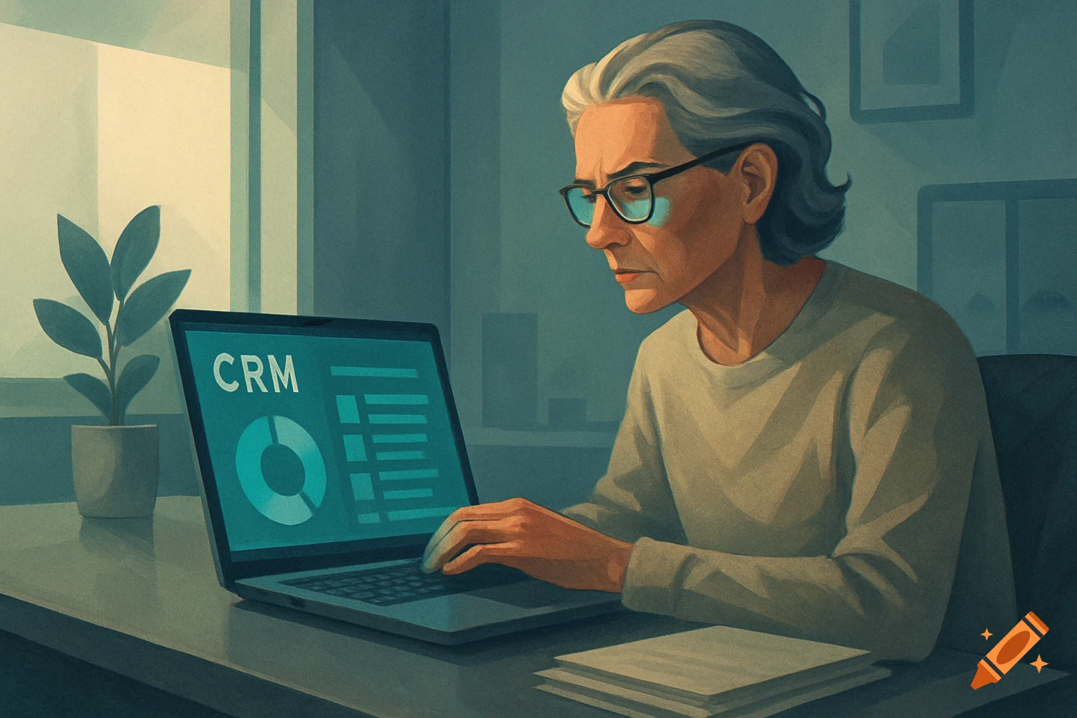 Character-style illustration of an older person focused on a laptop displaying CRM software and charts in an office.