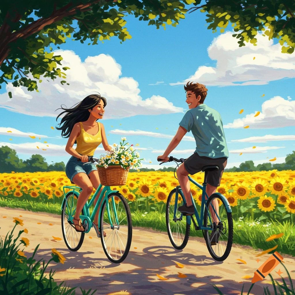 A joyful couple rides bikes through a vibrant sunflower field under a sunny blue sky in a cartoon illustration.