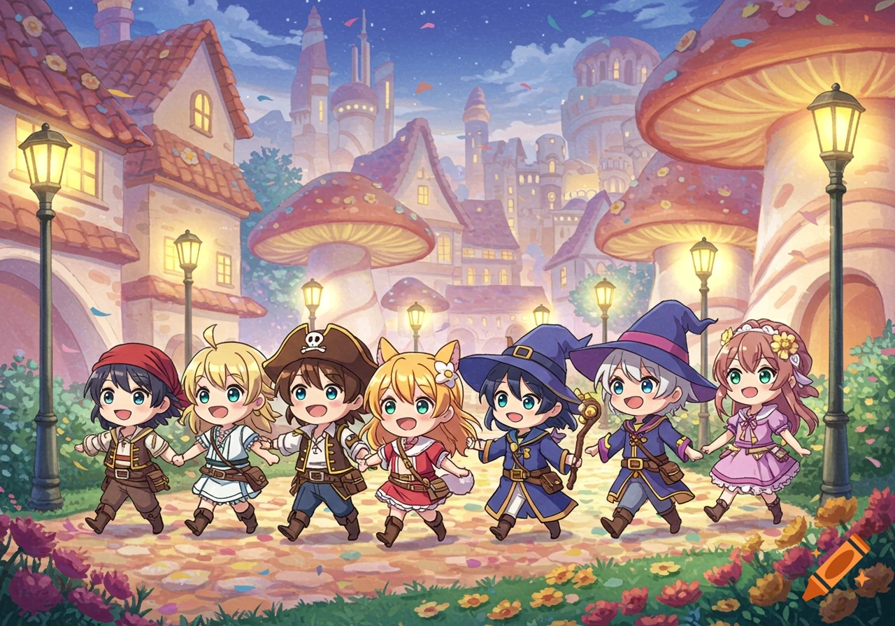 Seven cute anime chibi characters in various outfits, including a pirate and a wizard, walking hand-in-hand through a fantastical village with mushroom-shaped houses under a starry sky.