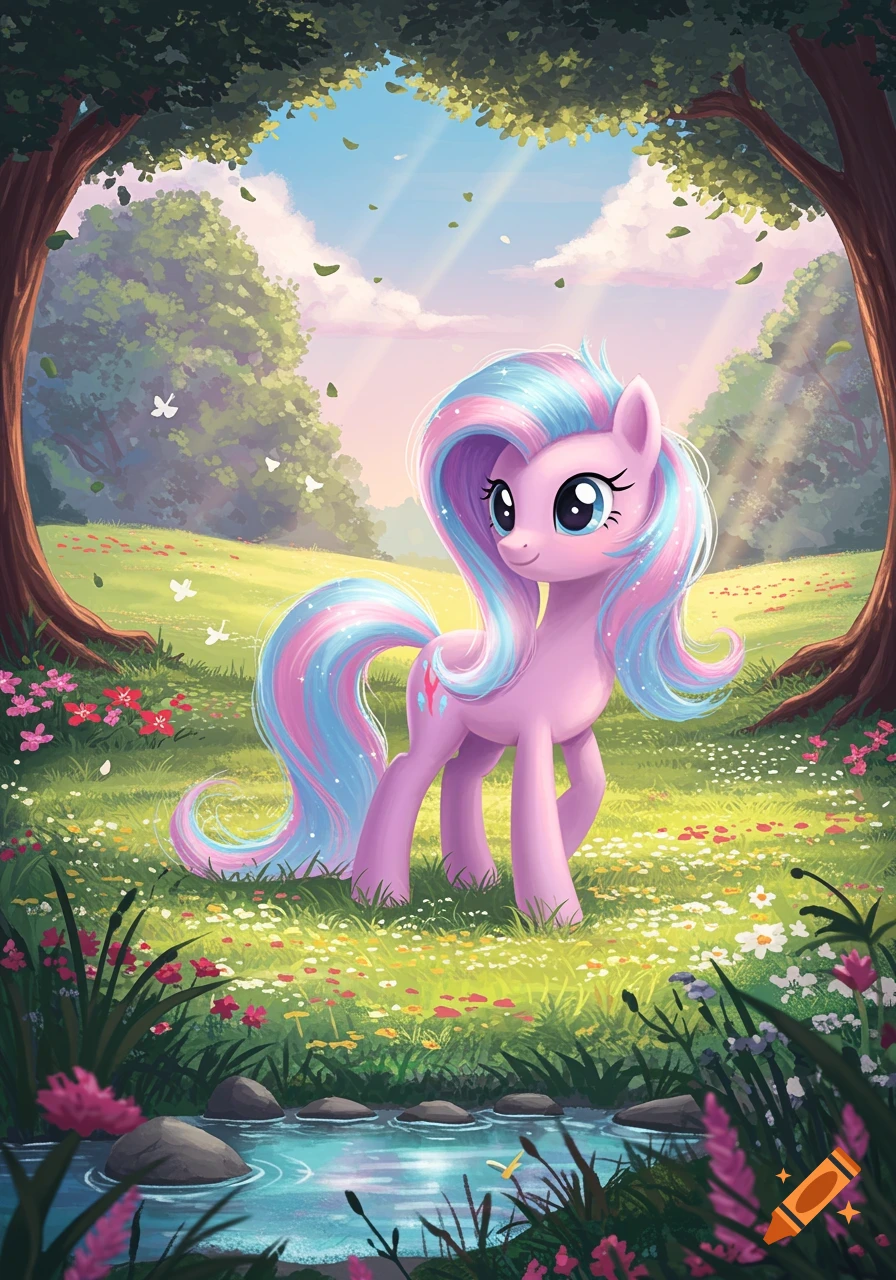 A pink My Little Pony with a blue, pink, and white sparkly mane and tail stands in a sunny, vibrant green meadow filled with wildflowers and a small stream.