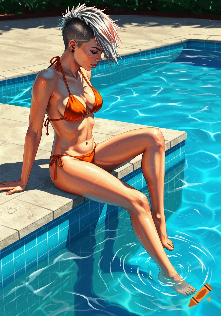 A digitally illustrated woman with a spiky pixie-cut and an orange bikini sits by a pool, dipping her feet in the water.
