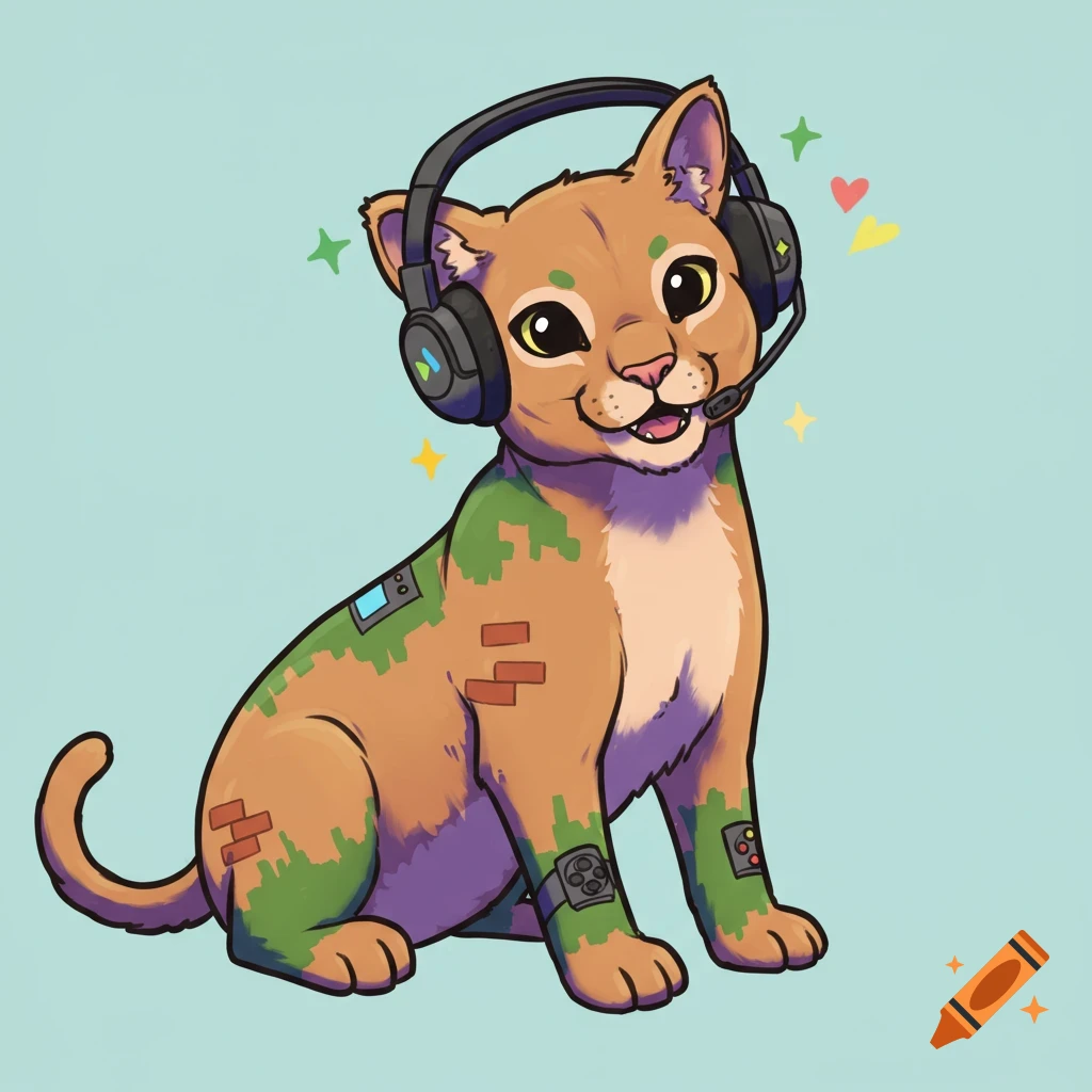 A cute cartoon puma cub with gamer headphones and pixelated patterns on its fur sits on a light blue background.