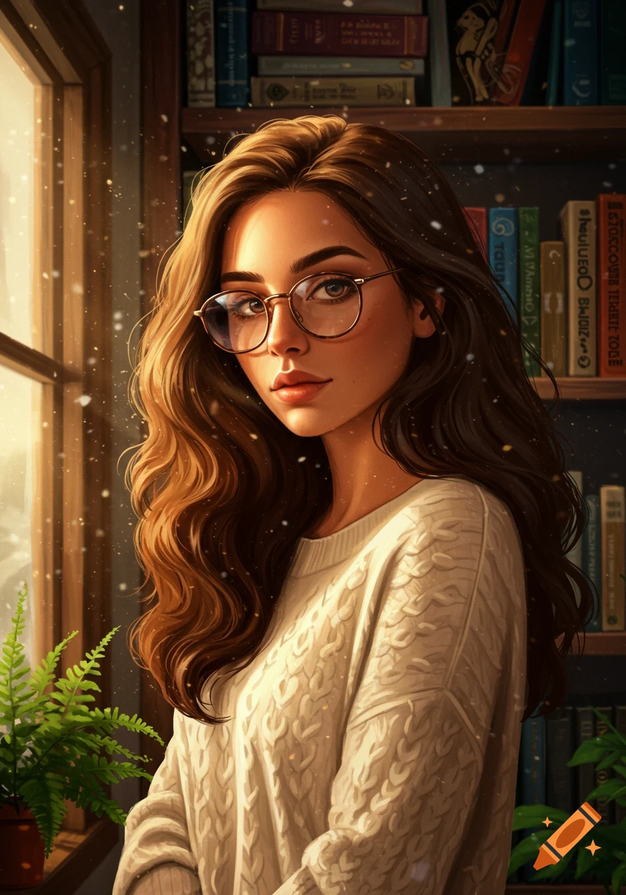 Digital art portrait of a brunette girl with glasses wearing a white sweater, standing by a window with falling snow and bookshelves in the background.