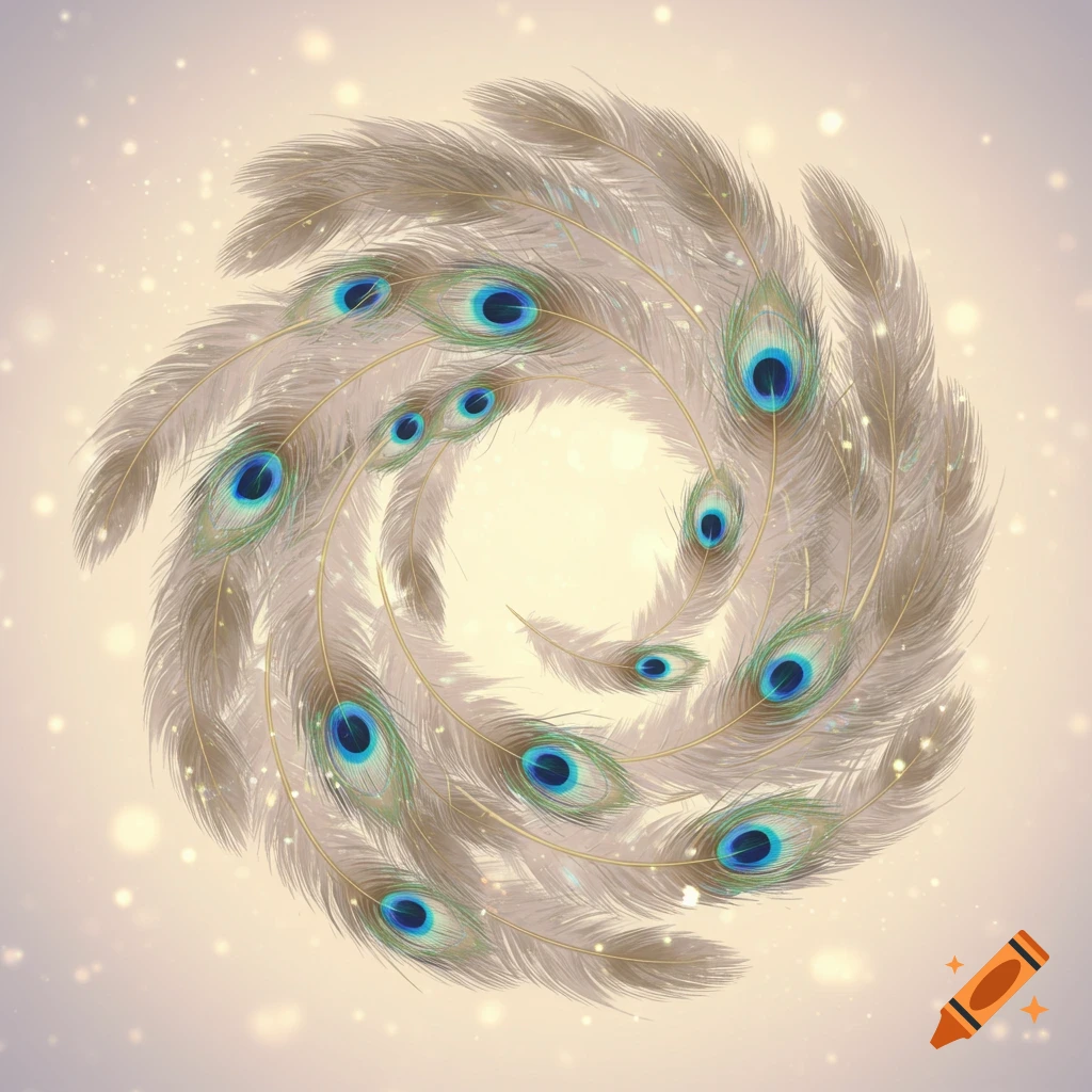 A decorative swirl of light brown and blue peacock feathers with sparkling golden particles on a soft gradient background.