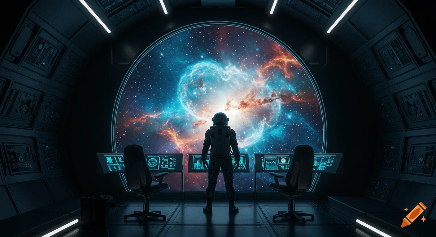 An astronaut in a spacecraft looks out a large window at a vibrant blue and orange nebula in space.