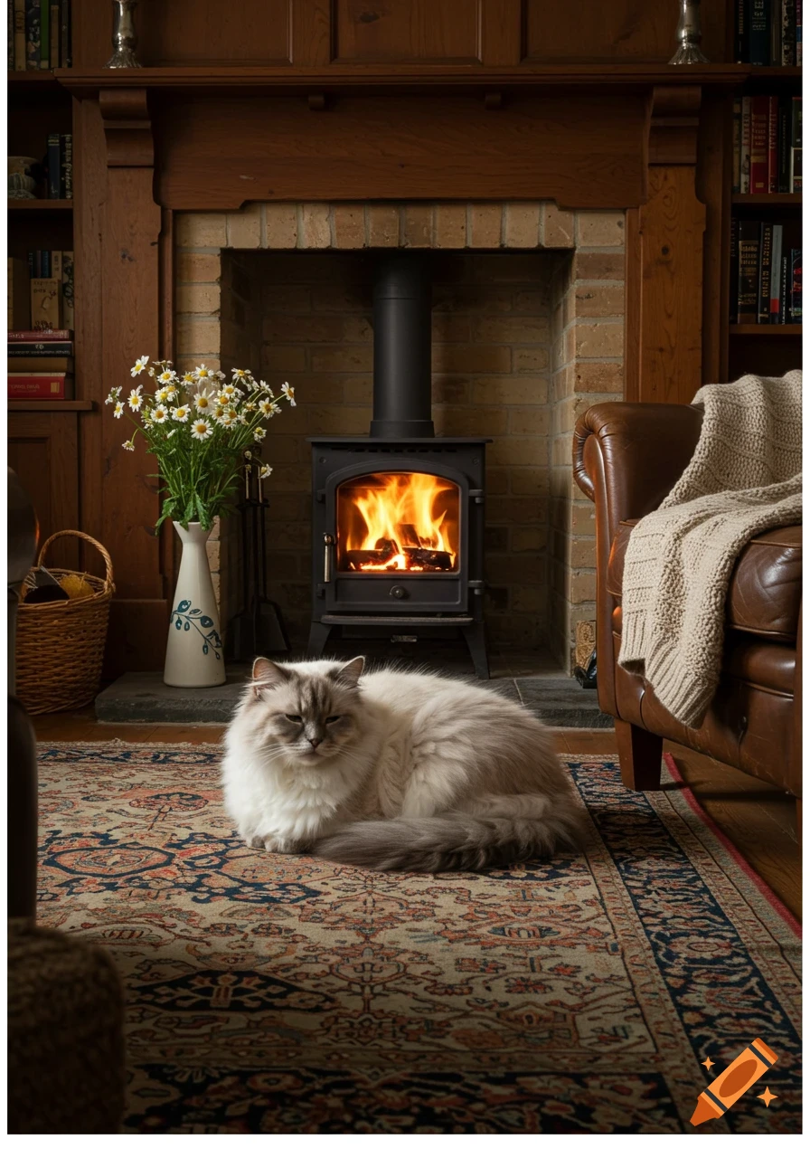 A fluffy cat rests on a patterned rug in front of a warm wood-burning stove in a cozy living room.