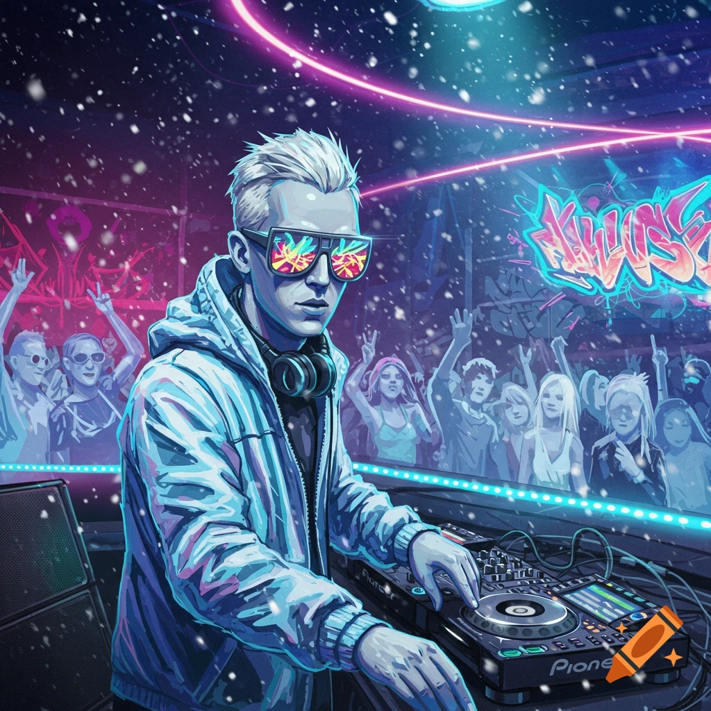 A stylized illustration of a DJ with reflective sunglasses and headphones at a snowy, neon-lit club, with a crowd dancing in the background.