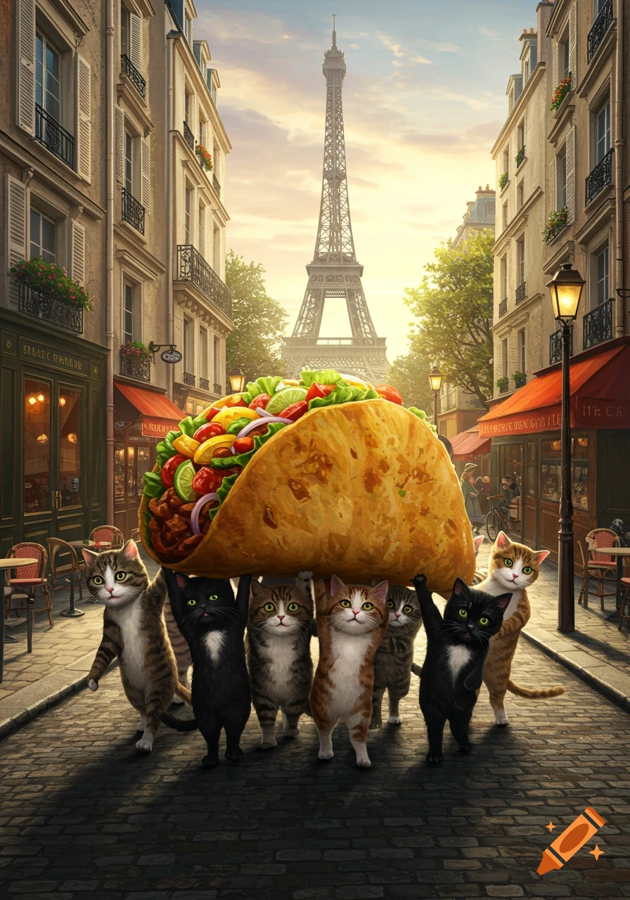 Whimsical image of cats carrying a giant taco down a Parisian street with the Eiffel Tower in the background.