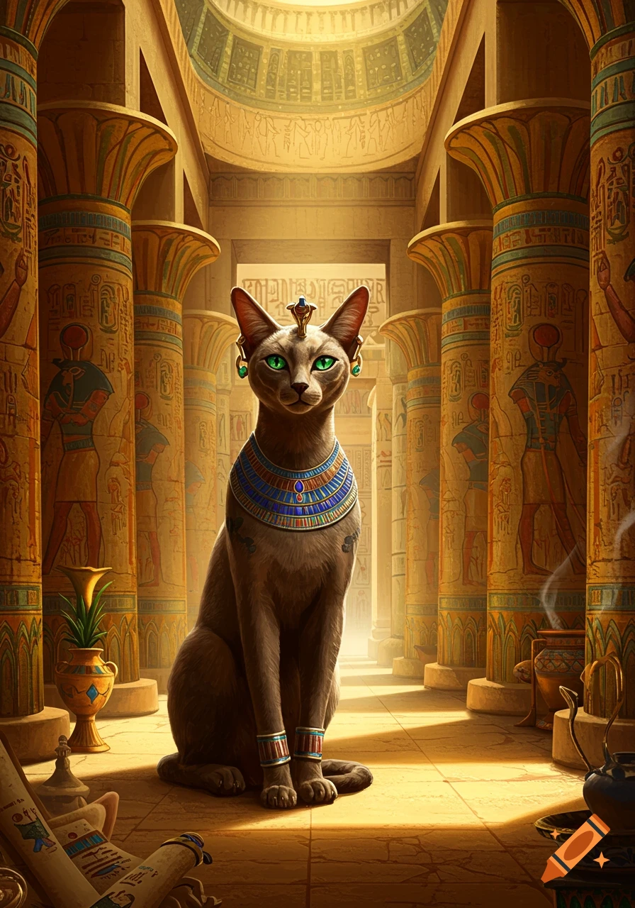 A regal cat with green eyes, adorned in Egyptian jewelry, sits poised in a grand ancient Egyptian temple hallway with hieroglyphic columns.