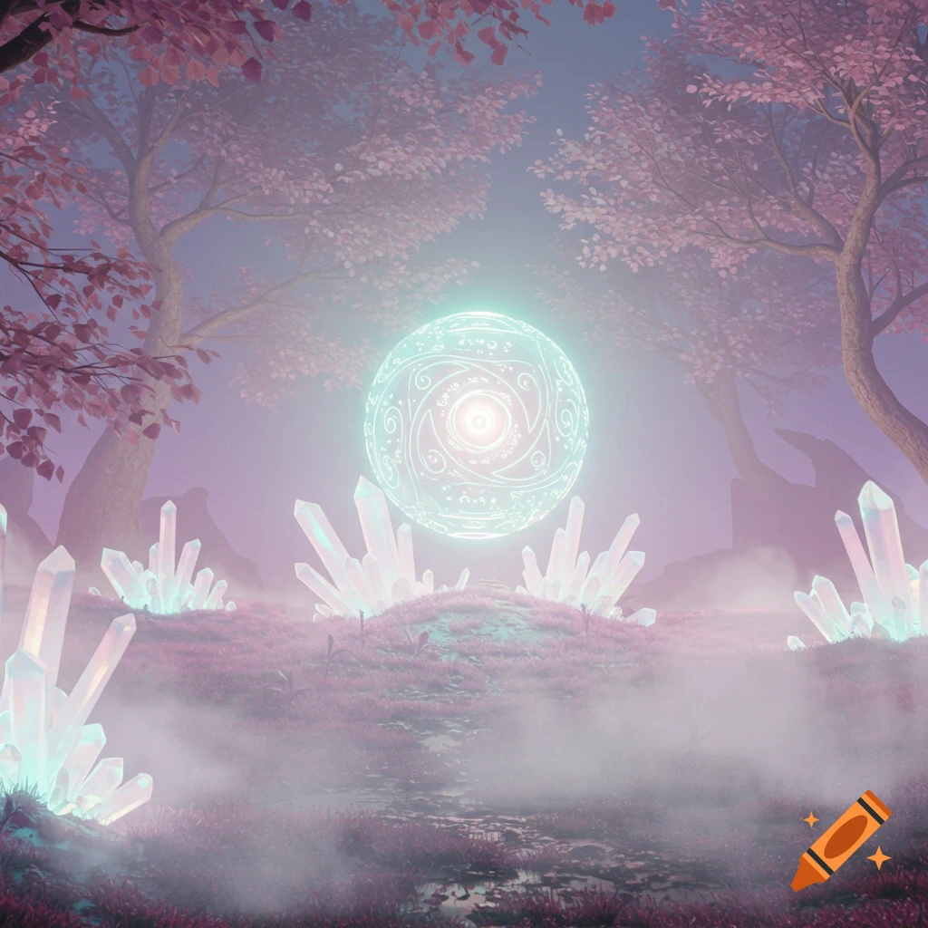 A mystical landscape with glowing crystals, pink-leaved trees, and a radiant, intricately patterned orb floating amidst purple fog.
