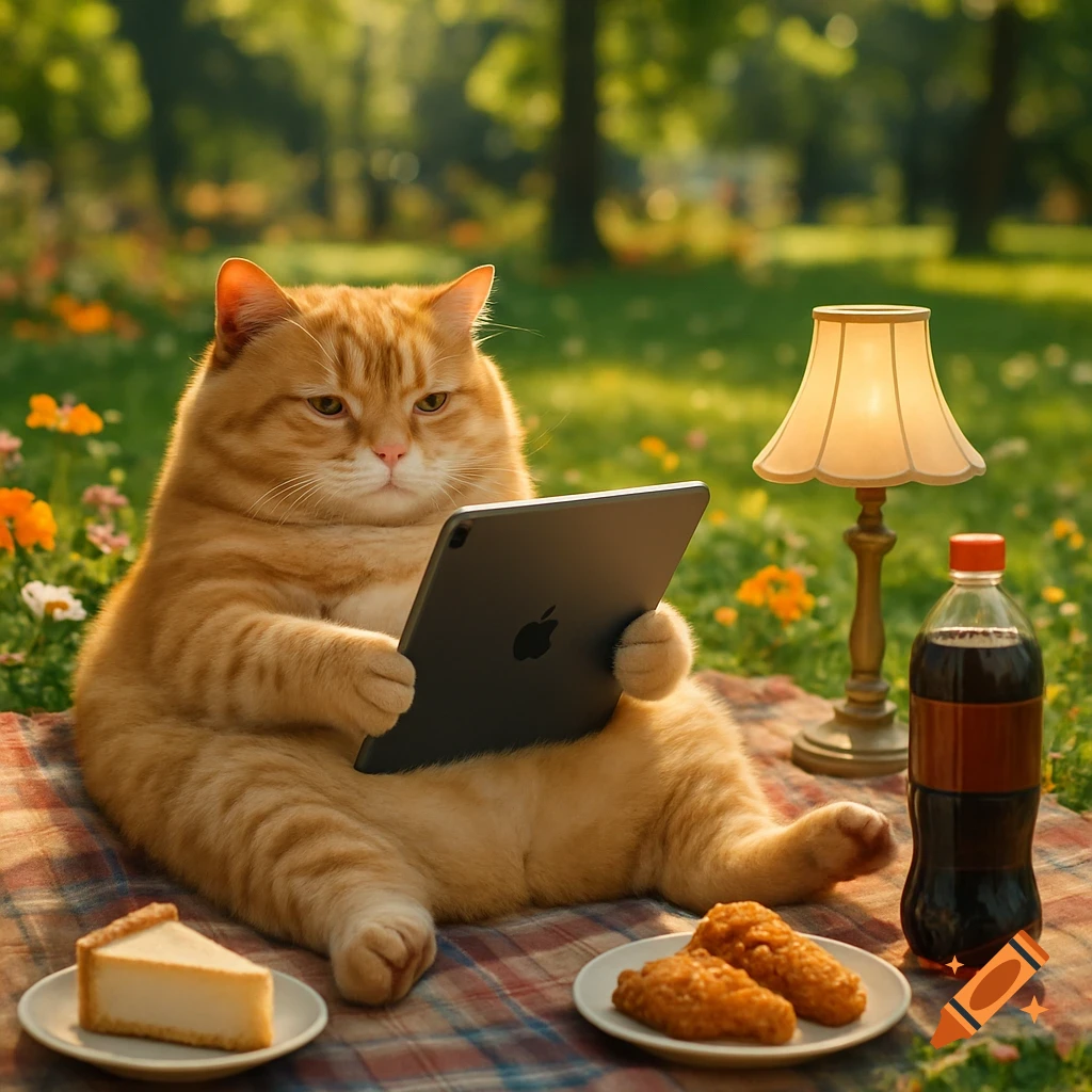 A plump orange cat lies on a plaid blanket in a sunny park, holding a tablet near snacks, cake, and soda.