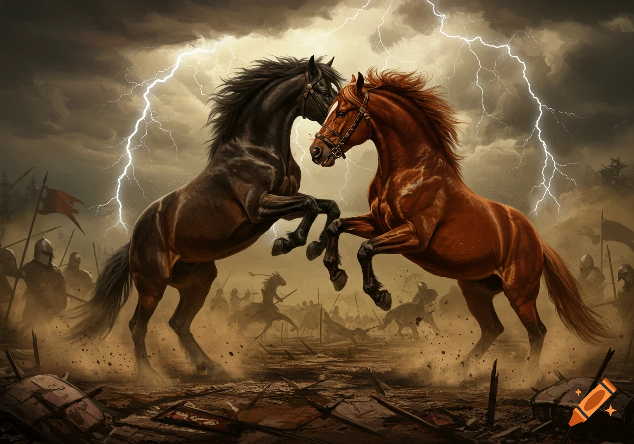 Two powerful horses, one black and one brown, rear up in a stormy battle scene with lightning and distant soldiers, epic fantasy art.