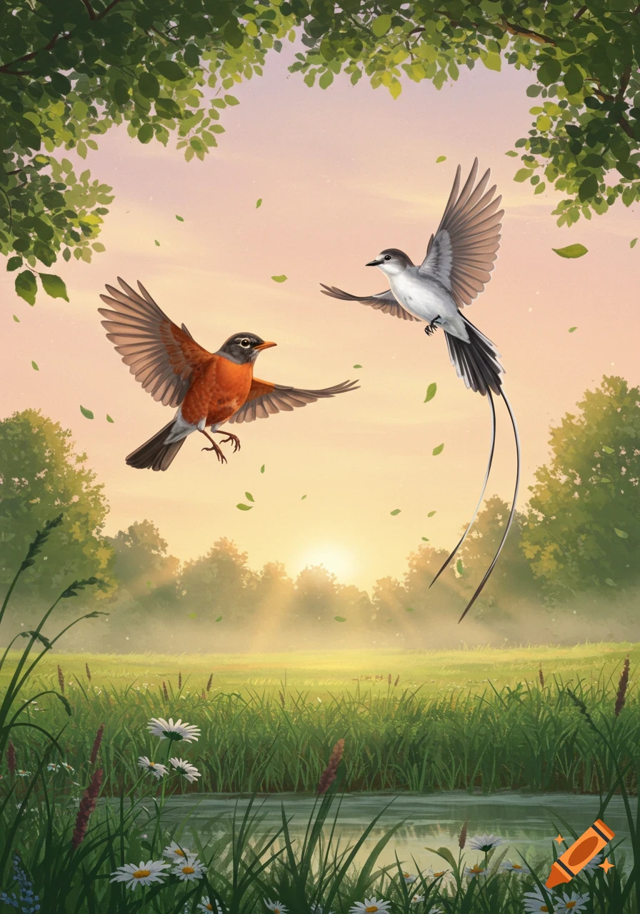 A painting of an American Robin and a scissortail flycatcher flying over a lush meadow with a pond at sunrise.