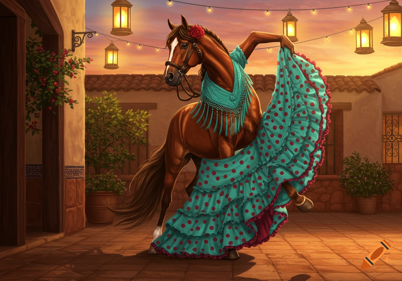 A brown horse in a teal polka-dot flamenco dress dances in a Spanish courtyard at sunset, illuminated by hanging lanterns. Illustrated style.