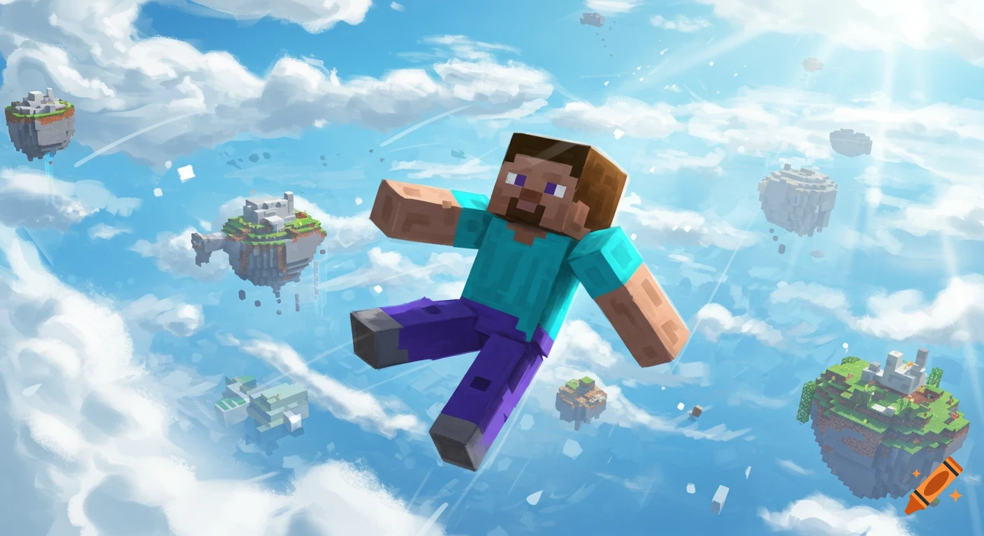 Minecraft Steve falls through a bright blue sky filled with white clouds and floating blocky islands.
