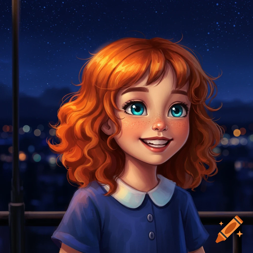 Illustrated portrait of a smiling cute girl with red curly hair, blue eyes, and freckles, against a blurred night city background.