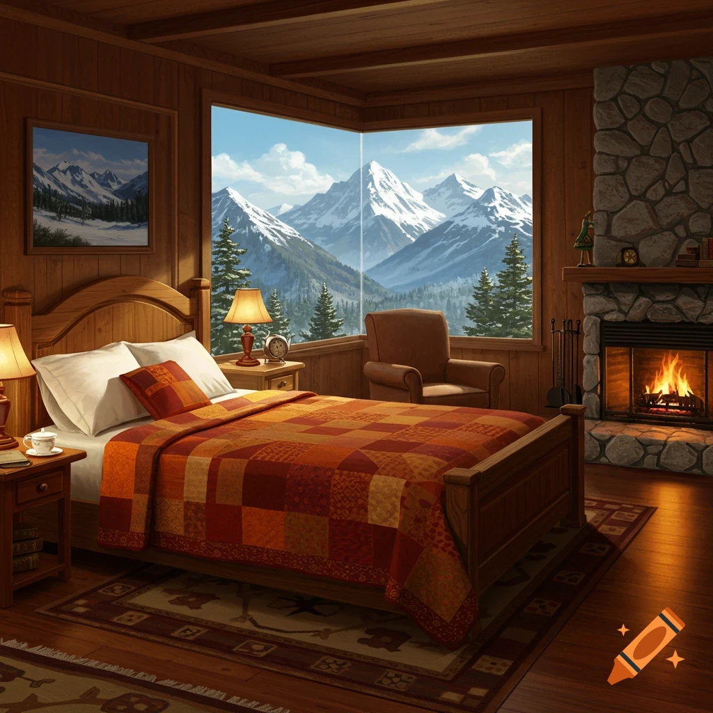 Cozy wooden cabin bedroom with a fireplace and a large window overlooking snowy mountains and pine trees.