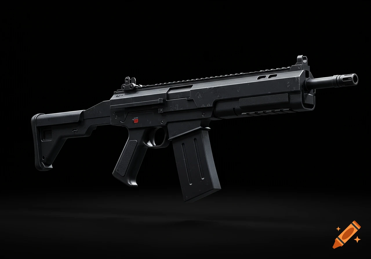 Photorealistic black assault rifle against a dark background.