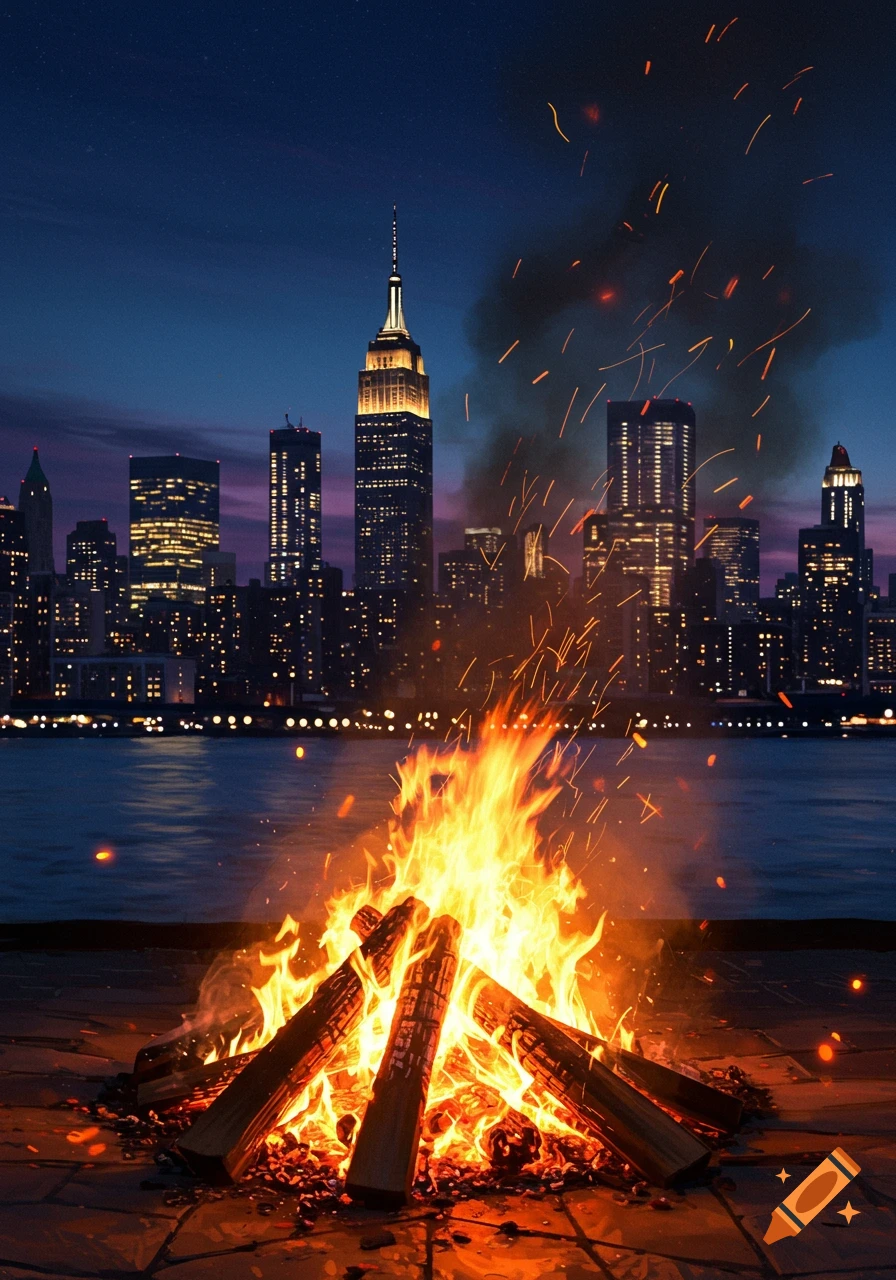 A photorealistic image of a vibrant campfire burning by a river, with the illuminated New York City skyline at dusk in the background.