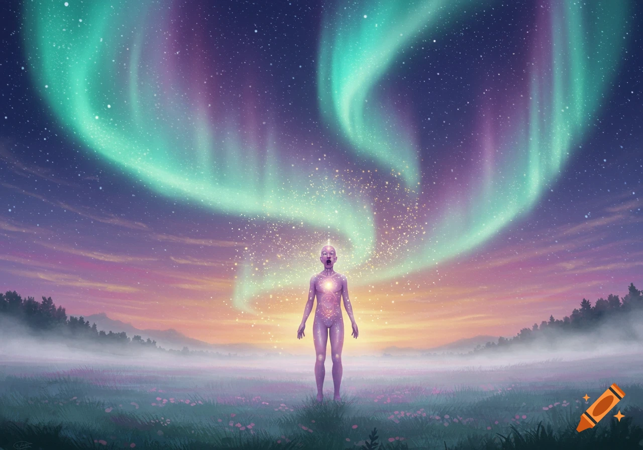 A glowing, spiritual figure stands in a misty field under a vibrant aurora borealis and starry sky at twilight.